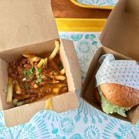 Burger and chili cheese fries. (Vegan) at Amy's Drive Thru in Rohnert Park