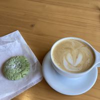 Pistachio cookie and soy latte  at Passion Flour Patisserie in Salt Lake City