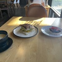 Breakfast scramble, oatmilk latte, and fruit tartts at Passion Flour Patisserie in Salt Lake City