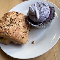 Savory croissant (a tiny bit of tofu inside) and ube cupcake  at Passion Flour Patisserie in Salt Lake City