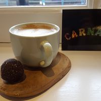 Hazelnut milk latte and frerro (hazelnut) ball at So Pure in London