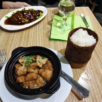 Pecking "duck" on the back, "chicken" ragou and sticky rice 🍚  at Vege Saveurs in Paris