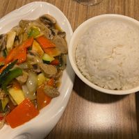 “Beef” and veggies with plain rice  at Vege Saveurs in Paris