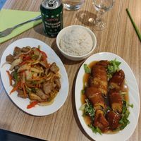 "Beef" wok with pepper, lacquered "duck" with brown sauce at Vege Saveurs in Paris