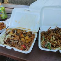 Lasagna, Hawaiian beef, and veg chicken lo mein at Caricom Spices in Scotrun