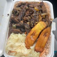 Vegan jerk strips w/ rice and plantains  at Caricom Spices in Scotrun