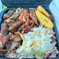 Jerk Strips with rice, plantains, and vegetables. at Caricom Spices in Scotrun