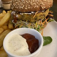   Lentil chickpea burger and chips  at Veggie Vie in Adelaide