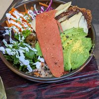 Crumbed mushroom bowl with added avo & bacun at Veggie Vie in Adelaide