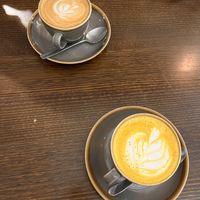 Soy latte and golden tumeric latte   at Veggie Vie in Adelaide