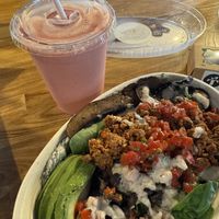 Sunset Berry Smoothie & Walnut Chorizo Bowl  at Thrive Juice Bar and Kitchen in Bar Harbor