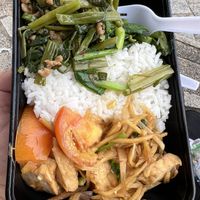 Ung choi greens with ground “pork” and a stir fry made from matchstick green ginger shreds - was good, as long as you like ginger.  at Walee - EM Quartier in Bangkok