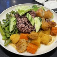 3 choices from the buffet with rice (95 baht) and two spring rolls (20 baht each).  at Walee - EM Quartier in Bangkok