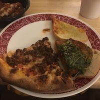 Vegan red pie with vegan meatball and eggplant sandwich (half) at Triangle Tavern in Philadelphia