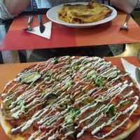 Vegan pizza and lasagna at Bosco Verde Italian Vegan Restaurant in Ulaanbaatar