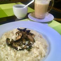 mushroom risotto & soy latte at Bosco Verde Italian Vegan Restaurant in Ulaanbaatar