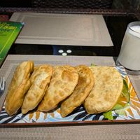 Khuushuur and salty milk tea at Bosco Verde Italian Vegan Restaurant in Ulaanbaatar