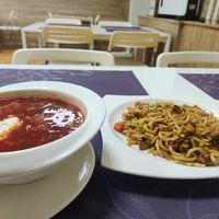 Borscht and udon noodles at Vitos Vegan - Витос веган in Ulaanbaatar