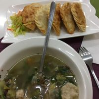 Buckwheat soup et khuushuur (un peu trop copieux pour une seule personne, mais excellent!) at Vitos Vegan - Витос веган in Ulaanbaatar