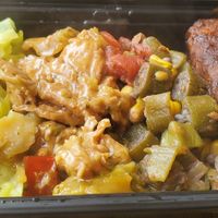 cabbage, ginger chikn, okra, jerk drumsticks at The Nile Cafe in Philadelphia