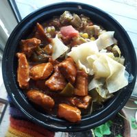 BBQ chicken, cabbage, okra+corn+tomato at The Nile Cafe in Philadelphia