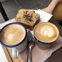 Oat milk Lattes and vegan banana bread  at Airtime Cafe in Lauterbrunnen