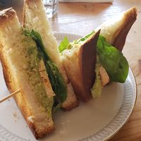 Fancy Vegan sandwich with tofu, pesto, hummus, veggies at Airtime Cafe in Lauterbrunnen