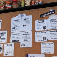 The menu. Vegan sandwich, pasta and breakfast. at Airtime Cafe in Lauterbrunnen
