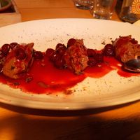 Mousse au chocolat with cherry sauce at Gruene Kombuese in Rostock