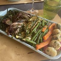 Vegan lemon meatballs with seasonal veg and beetroot hummus   at Buddy VEGGY in Rome