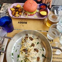 Truffle Pasta and Beyond Meat Burger at Buddy VEGGY in Rome
