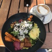 Protein Bowl and Soy Cappuccino  at roots - Lintheschergasse in Zurich