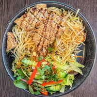 Noodles with tofu and peanut sauce  at Savory Chay in Berlin