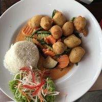 Vegan chicken with red curry sauce  at Savory Chay in Berlin