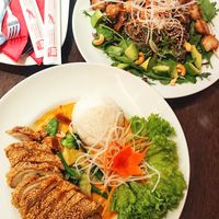 chick’n skewers & duck mango curry at Savory Chay in Berlin