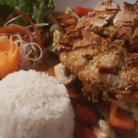 Fried sesam tofu. I've been eating tofu for my whole life now but never had it this way. It was very nice at Savory Chay in Berlin