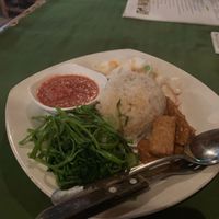 water spinach, tempe, tahu, rice, spicy sambal at Namora Vegetarian in 