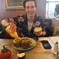 My lovely friend Charlie enjoying his Vegan burger at Lounges - Brasco Lounge in Liverpool