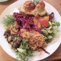 Sweet potato with falafel and salsa. Full side salad too! Delicious x at Oh My Goodness in Eastbourne
