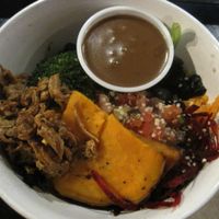 ARISTOTLE bowl w/ Basil Balsamic Vinaigrette. Sweet potato, bruschetta, olives, organic hemp seeds, broccoli, beet, turnip, lettuce, chickpeas, organic sprouted mung beans. It was pretty good, but not my favorite bowl. I asked for no sprouted beans. at Copper Branch - 600 Maisonneuve W/O in Montreal