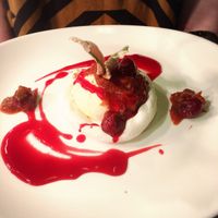vegan Pavlova with rhubarb and cherry compote  at Momo Restaurant in Waterford