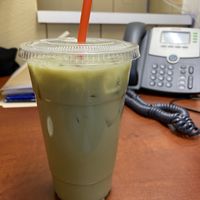 Iced green matcha tea latte with soy milk at Angel's Cafe in Sharon