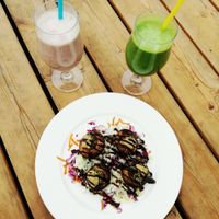 stuffed mushroom, berry smothie and spinach and banana smoothie at Art of Raw at The Garden Lounge in Zadar