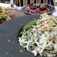 Courgette Spaghetti with Alfredo sauce and nooch! Delicious, big portions too! at Art of Raw at The Garden Lounge in Zadar