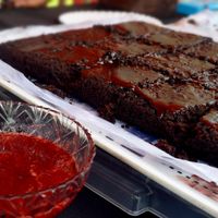 Soft, gooey chocolatey vegan brownies! With homemade strawberry syrup! at Smokey's The Brownie Bar in Colombo