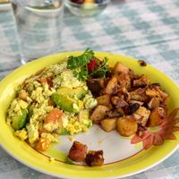 Tofu scramble came to table like this. No biscuit due to milk and eggs. No substitution offered. Since paying for it anyway, I asked to have it to give to non vegan at my table at 2 Cats Cafe in Bar Harbor