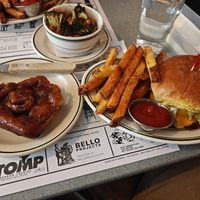 Burger, fries, broccoli, and cinnamon roll at Superiority Burger in New York City