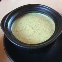 Creamy eggplant soup, special soup of the day.  at 21 Oak in Manchester