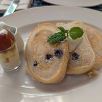 Blueberry pancakes with cashew cream and fruit at Haven in Siem Reap