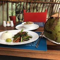 Grilled corn starter and the vegetable ginger tofu dish and a coconut of course at Haven in Siem Reap